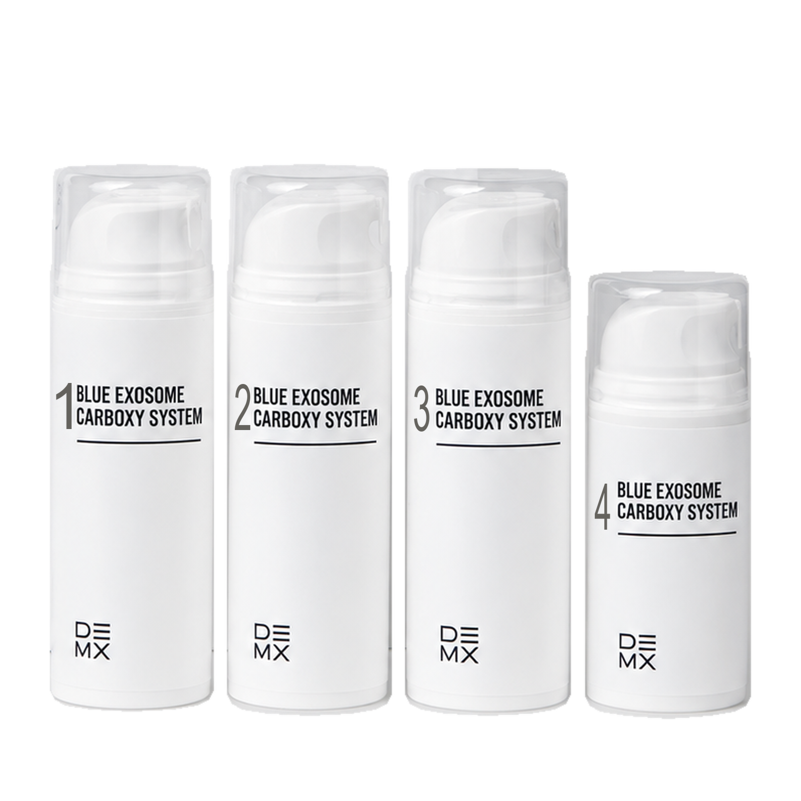 DEMX BLUE EXOSOME CARBOXY SYSTEM — 15 процедур, иллюстрация четырёх этапов с номерами 1–4